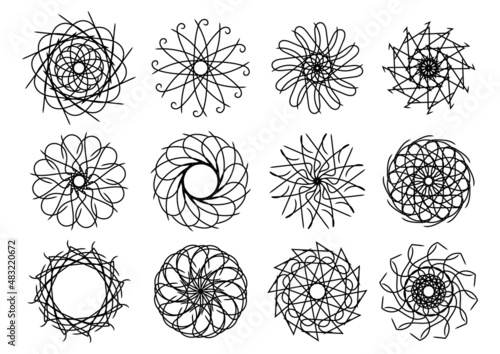 Set abstract circle pattern mandala flower floral. spirograph starbust vintage monochrome modern circular pattern geometric