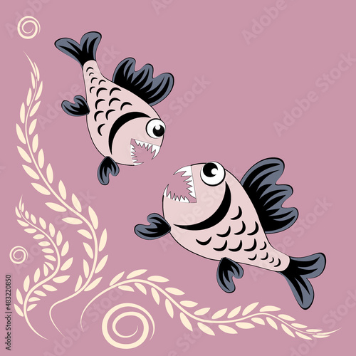 predatory evil piranha fish. Fabulous underwater world. Styling, cartoon style