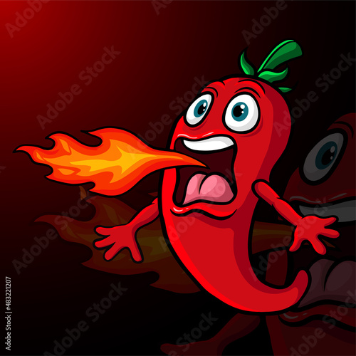 Cartoon chili pepper mascot breathing fire