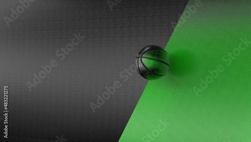 Green-black Basketball on the green-black metallic wall under slit light. 3D illustration. 3D high quality rendering.