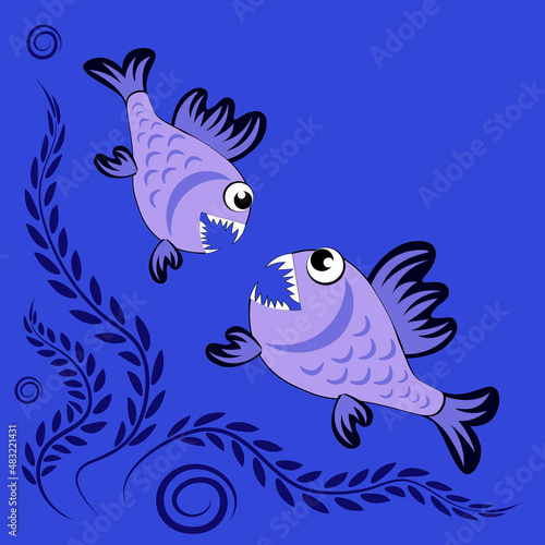 predatory evil piranha fish. Fabulous underwater world. Styling, cartoon style