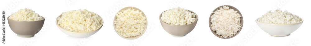 Set with delicious mozzarella cheese on white background. Banner design Set with delicious mozzarella cheese on white background. Banner design