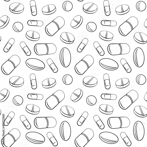 Seamless pattern with outline pills on white background. Vector illustration.