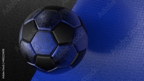 Rusty metallic blue-black soccer ball under spot light on black-blue wall. 3D illustration. 3D high quality rendering.