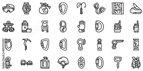 Mountaineering equipment line vector doodle simple icon set