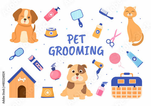 Pet Grooming for Dogs and Cats in Flat Cartoon Hand drawn Background Illustration. The Main Tools Which are used in Beauty Salon for Poster or Banner
