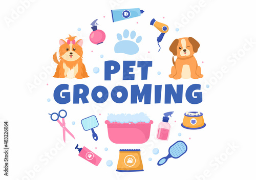 Pet Grooming for Dogs and Cats in Flat Cartoon Hand drawn Background Illustration. The Main Tools Which are used in Beauty Salon for Poster or Banner
