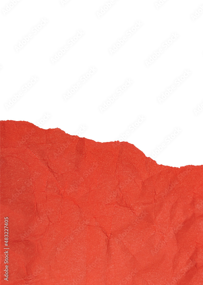 Crumpled red paper torn horizontally  with torn edges on a white background. isolated. place for your text.
