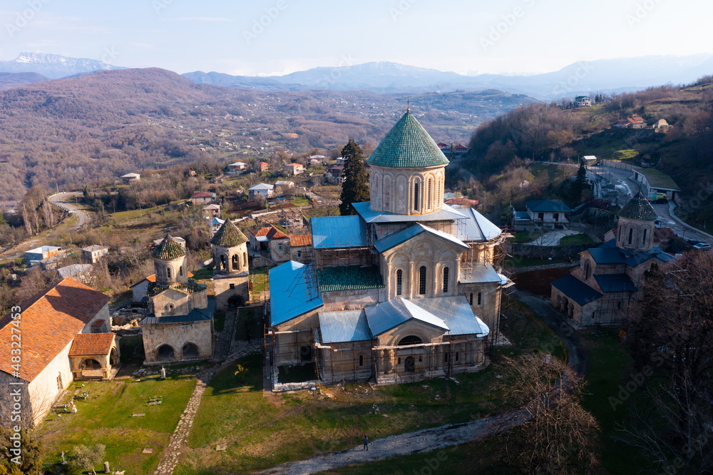 View from drone of Gelati monastery on sunny spring day, Kutaisi, Georgia