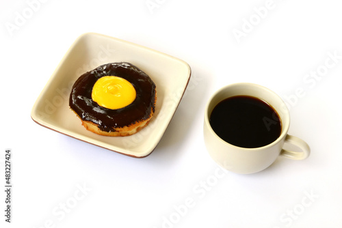 chocolate donut with cup of coffee photo