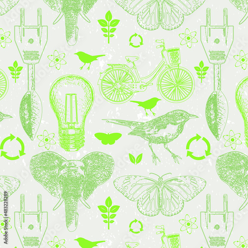 Eco seamless pattern vector. Icons vintage with environment theme.