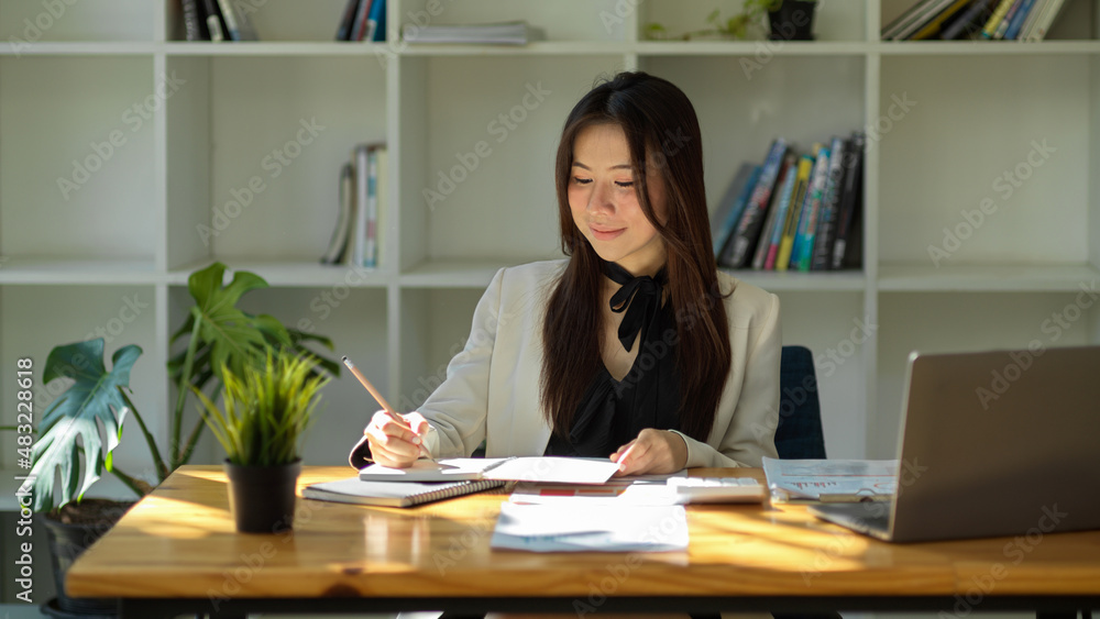 Attractive professional businesswoman working on her project. Attractive professional businesswoman working on her project.