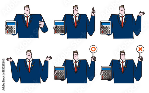 Vector illustration set of a man in a suit with a desk calculator.