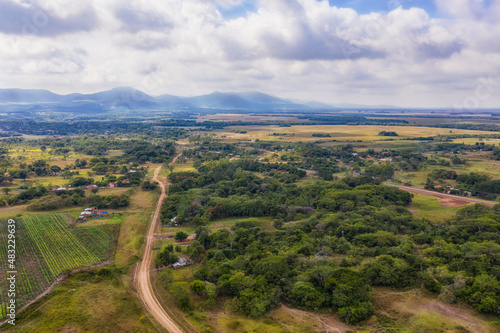 Aerial view in Paraguay with a view of the Ybytyruzu Mountains lying in the fog. photo