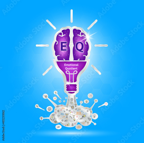 EQ Emotional intelligence. Heart and brain on balanced scale symbol. Emotional Quotient of a child. Design logo products in the form of the brain, light bulb purple on a blue background. Vector EPS10.