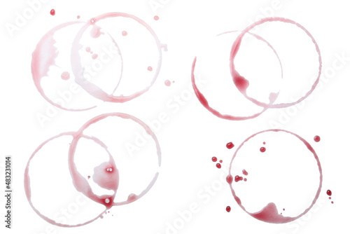 Many wine rings and drops on white background, top view