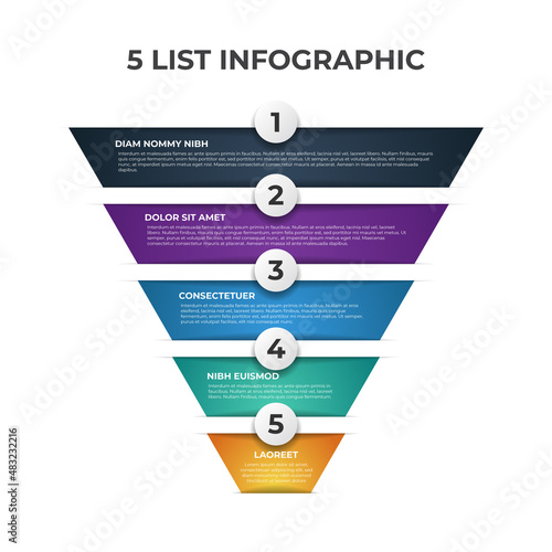 pyramid or funnel with 5 levels, list, layout template for presentation, social media post, banner, etc, infographic element vector.