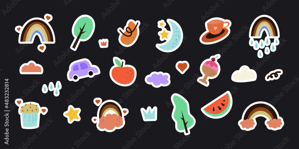 set of printable sticker element illustrations. doodle cartoon collection of various random stuff. cute element for sticker and decoration.