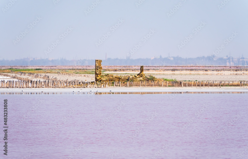 A beautiful salt lake with pink water.