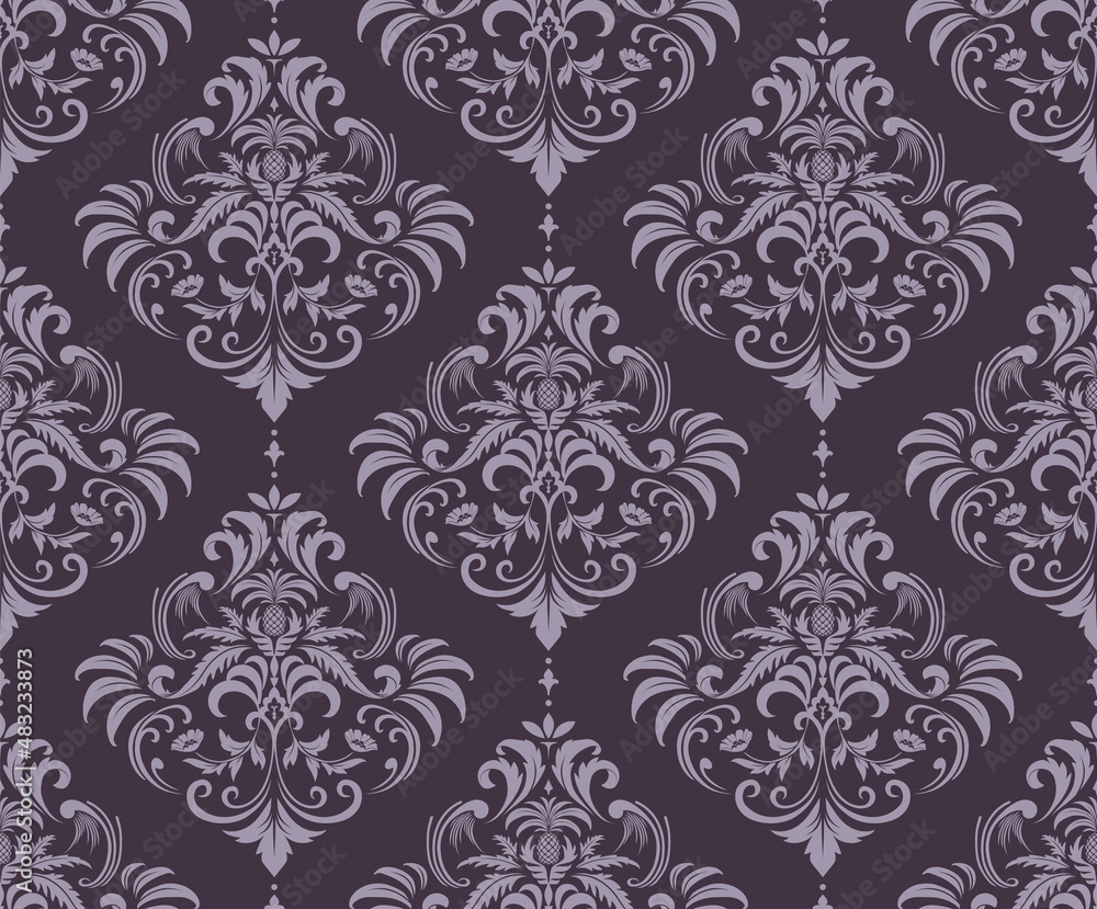 Vector seamless damask pattern with baroque floral elements. Ornamental design for wallpapers, fabric, upholstery, blinds, curtains, packaging, slipcover, bedding - obrazy, fototapety, plakaty 