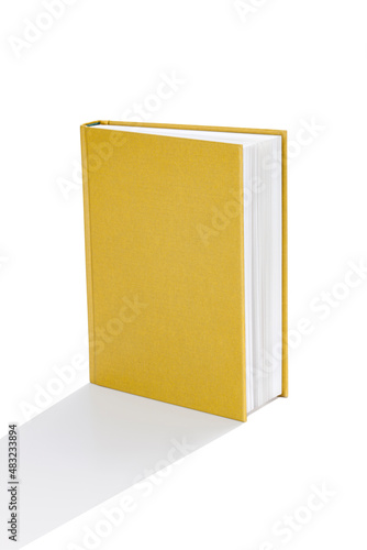 Open yellow cover book on white background