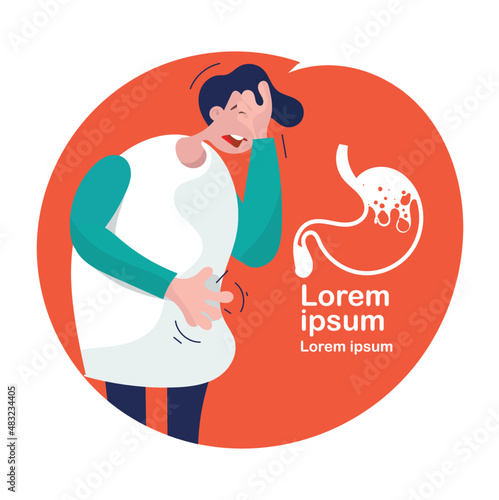 Acid reflux or Heartburn, stomach and internal organs is on the men's body against gray background, Stomach ache, Bad health,