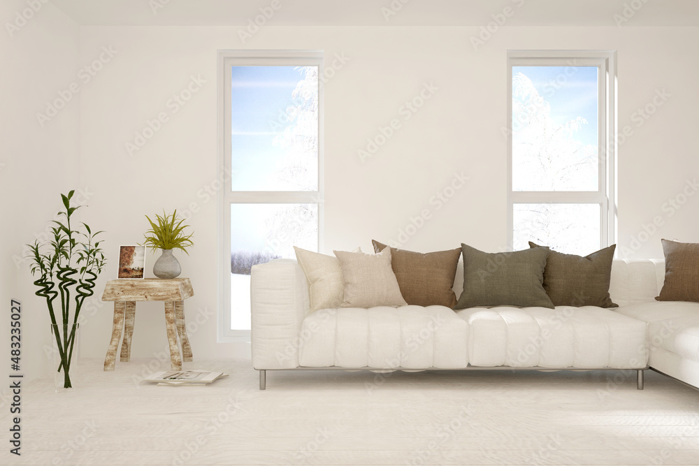 Fototapeta premium White living room with sofa. Scandinavian interior design. 3D illustration