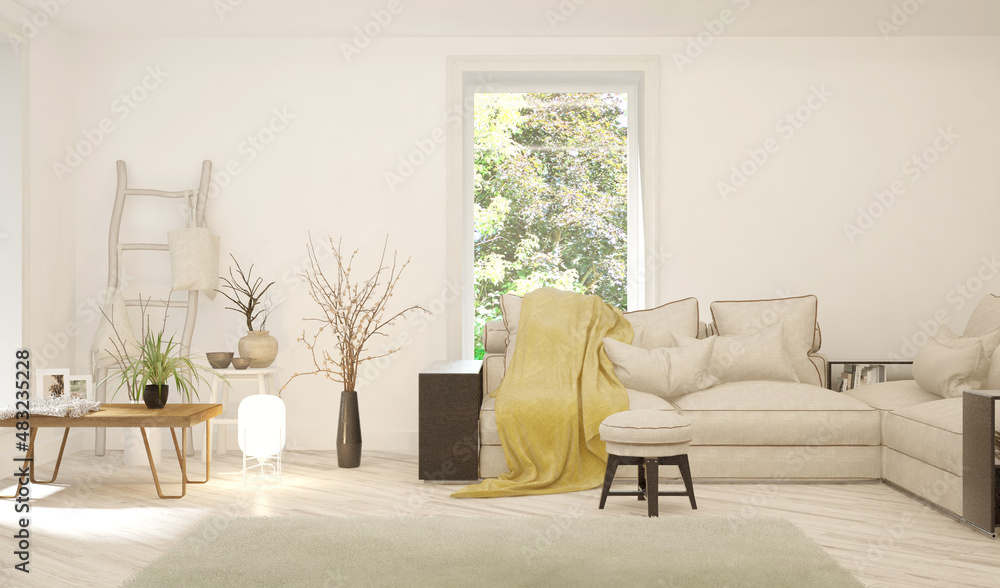 Fototapeta premium White living room with sofa and summer landscape in window. Scandinavian interior design. 3D illustration