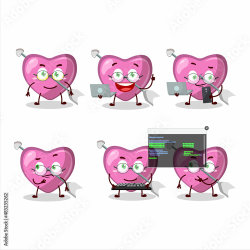Pink cupid love arrow Programmer cute cartoon character with