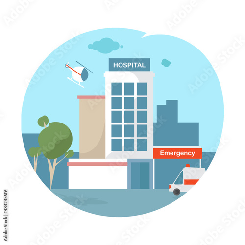 City hospital building with ambulance and helicopter in flat design. vector.