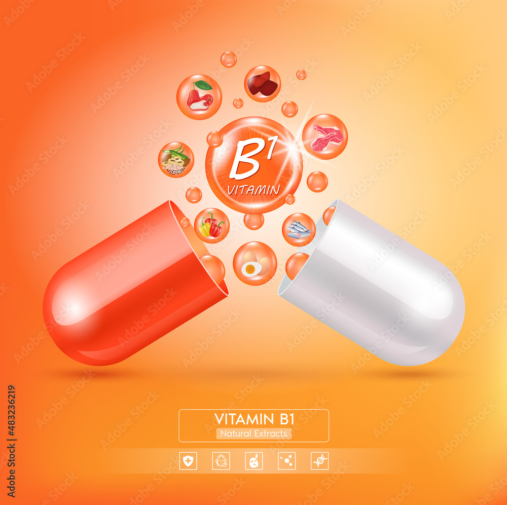 Orange vitamin B1 medicine capsule. Fruits and vegetables that