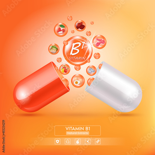 Orange vitamin B1 medicine capsule. Fruits and vegetables that neutralize free radicals. With chemical formula. Anti aging beauty enhancement concept and health care. 3D vector EPS10.