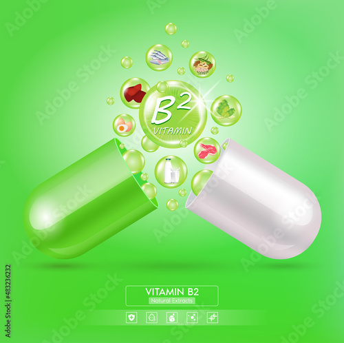 Vitamin B2 light green serum capsule. Vitamin complex with Chemical formula. Fruits and vegetables that neutralize free radicals. Meds for health ads. Beauty treatment nutrition skin care. 3D Vector.