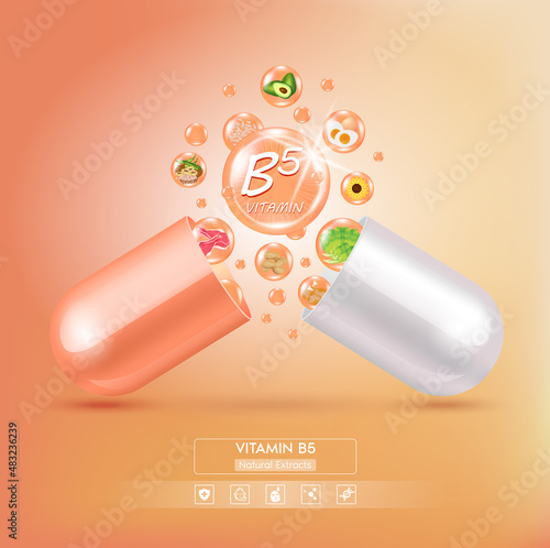 Orange vitamin B5 medicine capsule. Fruits and vegetables that neutralize free radicals. With chemical formula. Anti aging beauty enhancement concept and health care. 3D vector EPS10.