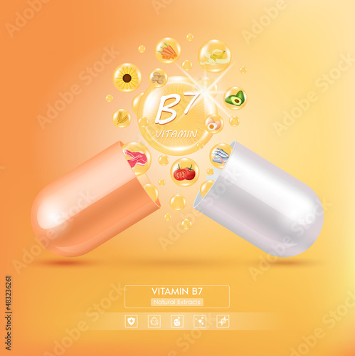 Orange vitamin B7 medicine capsule. Fruits and vegetables that neutralize free radicals. With chemical formula. Anti aging beauty enhancement concept and health care. 3D vector EPS10.