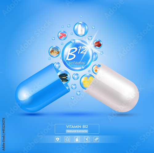 Blue vitamin B12 medicine capsule. Fruits and vegetables that neutralize free radicals. With chemical formula. Anti aging beauty enhancement concept and health care. 3D vector EPS10.