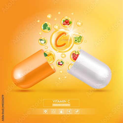  Orange vitamin C medicine capsule. Fruits and vegetables that neutralize free radicals. With chemical formula. Anti aging beauty enhancement concept and health care. 3D vector EPS10.