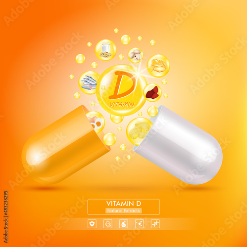 Vitamin D. Medicine capsule, Orange substance. Salmon, egg yolk and milk that neutralize free radicals. With chemical formula. Anti aging beauty enhancement concept and health care. 3D vector EPS10.