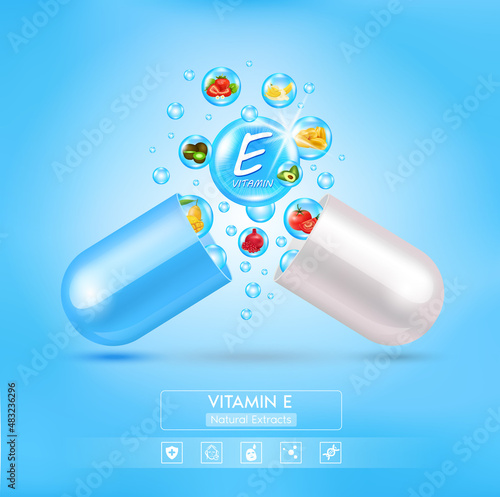 Blue vitamin E medicine capsule. Fruits and vegetables that neutralize free radicals. With chemical formula. Anti aging beauty enhancement concept and health care. 3D vector EPS10.