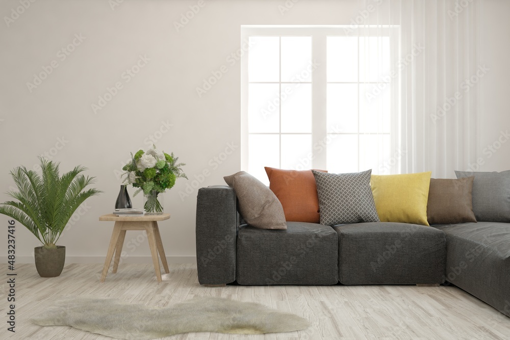 Fototapeta premium White living room with sofa. Scandinavian interior design. 3D illustration