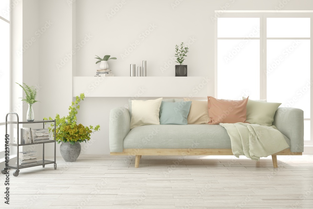 Obraz premium Stylish room in white color with sofa. Scandinavian interior design. 3D illustration