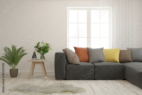 White living room with sofa. Scandinavian interior design. 3D illustration