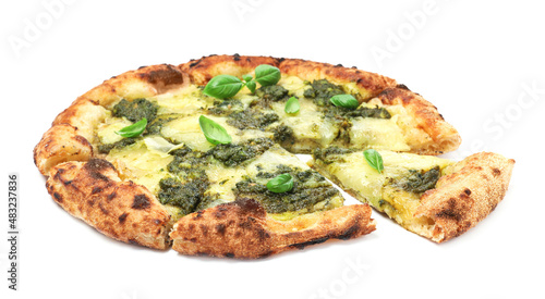 Delicious pizza with pesto  cheese and basil on white background