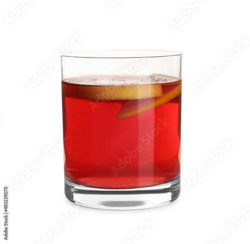 Glass of aromatic punch drink isolated on white