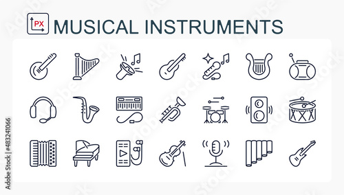 A set of vector illustrations, icons from a thin line. Musical instruments.
