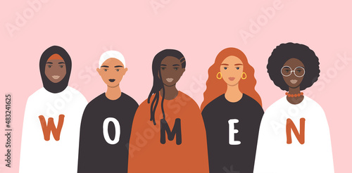 vector flat style hand drawn illustration on the theme of diversity of women, feminism. Women of different races and cultures.