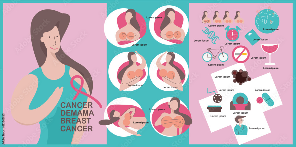 Fototapeta premium Breast cancer awareness infographics, vector illustration. Layout template. Health care and medical info