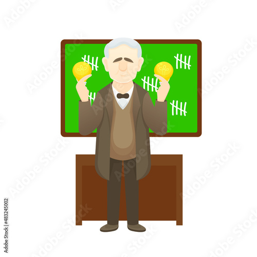 Thomas Alva Edison is Holding Lamp in His Hand. Vectoral Cartoon Flat Illustation. White Background Isolated.