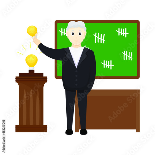 Thomas Alva Edison is Holding Lamp in His Hand. Vectoral Cartoon Flat Illustation. White Background Isolated.
