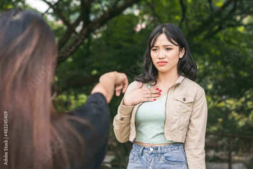 Bilde på lerret A young asian woman is hurt and confused about the accusations hurled on her by another girl